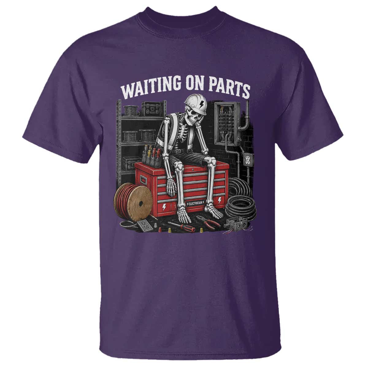 Electrician Skeleton T Shirt Waiting On Parts Funny Graphic TS10 Purple Print Your Wear