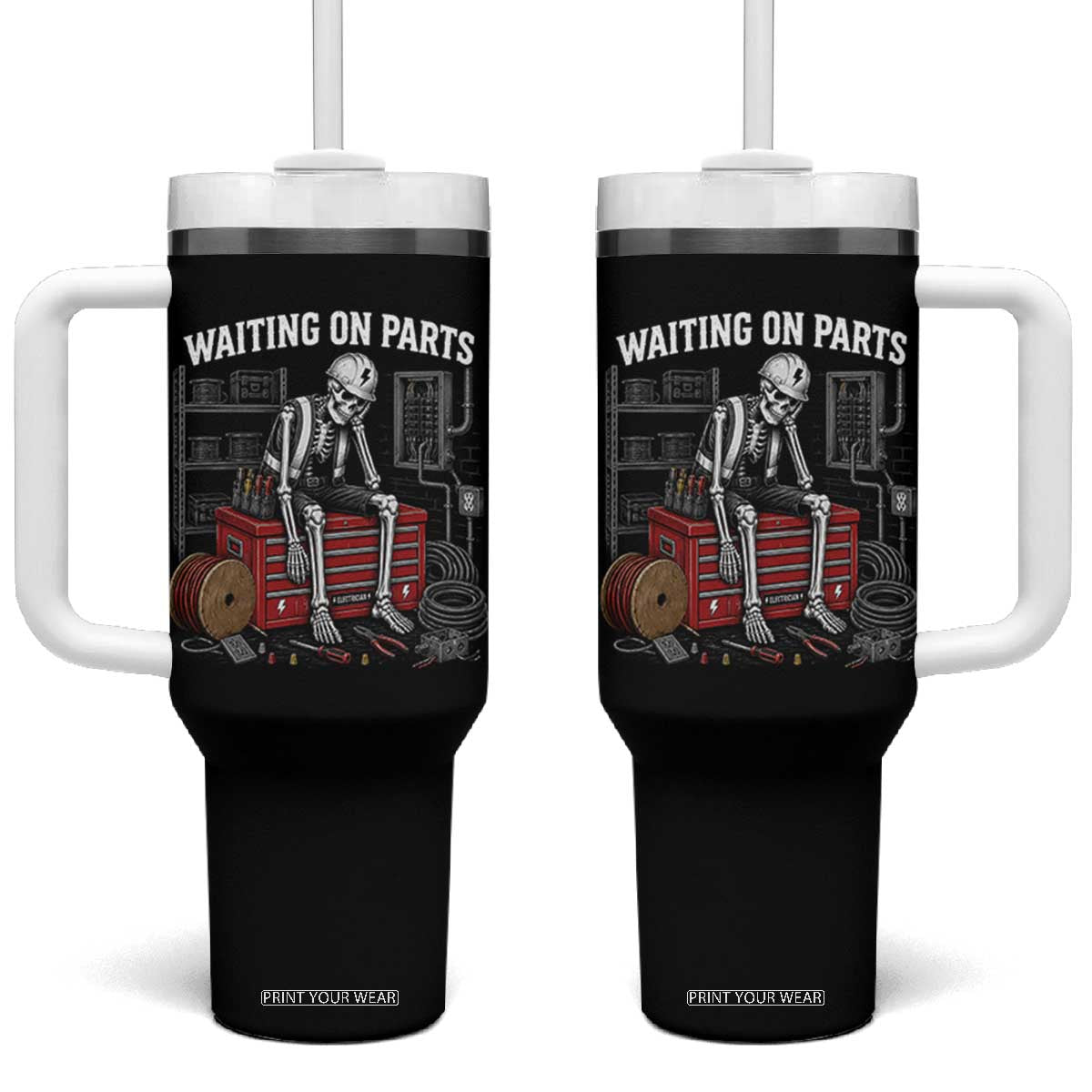 Electrician Skeleton Tumbler With Handle Waiting On Parts Funny Graphic TS10 One Size: 40 oz Black Print Your Wear