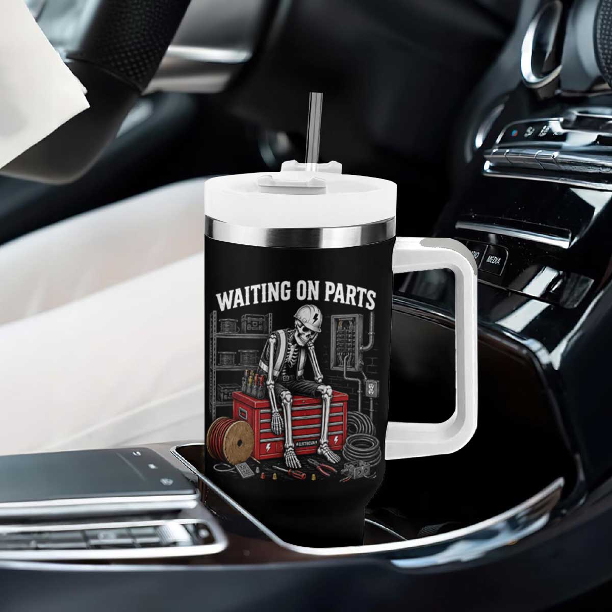 Electrician Skeleton Tumbler With Handle Waiting On Parts Funny Graphic TS10 Print Your Wear