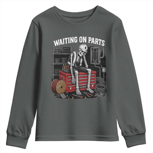 Electrician Skeleton Youth Sweatshirt Waiting On Parts Funny Graphic TS10 Dark Heather Print Your Wear