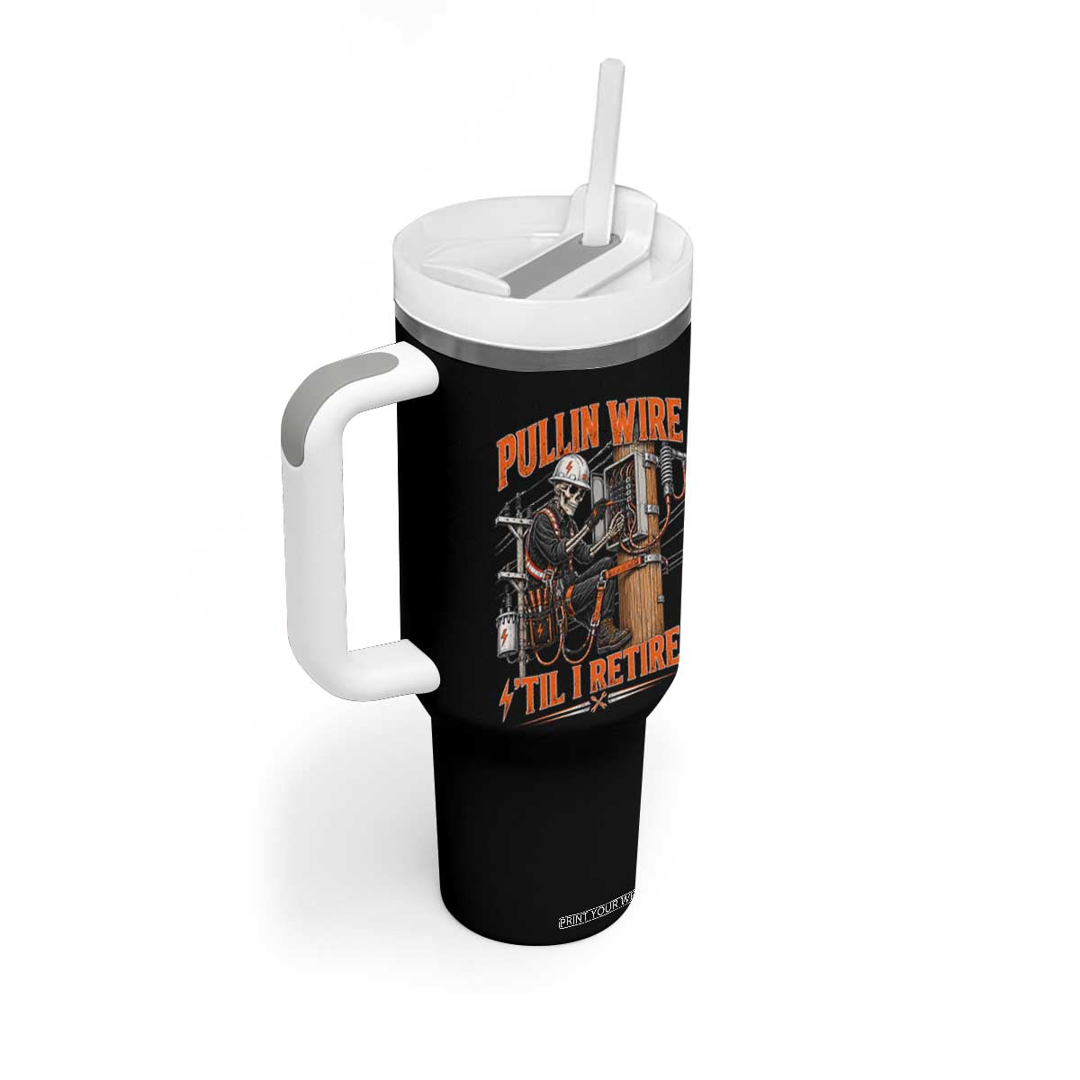 Electrician Lineman Skeleton Graphic Tumbler With Handle Pullin Wire Til I Retire TS10 Print Your Wear