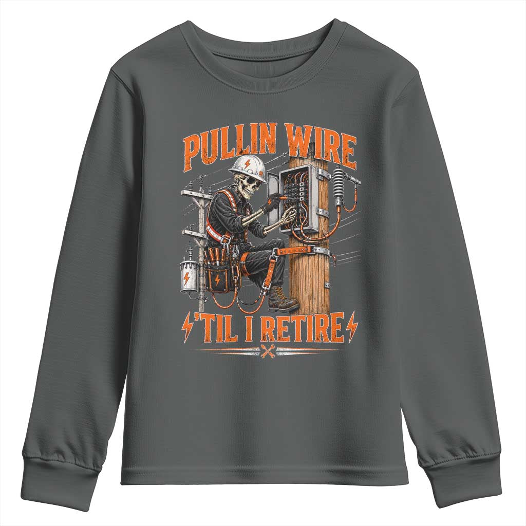 Electrician Lineman Skeleton Graphic Youth Sweatshirt Pullin Wire Til I Retire TS10 Dark Heather Print Your Wear