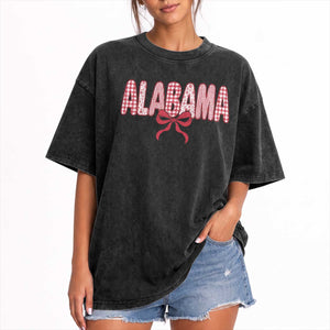 Alabama Coquette Bow Gingham Game Day Spirit Graphic Washed Cotton T-Shirt