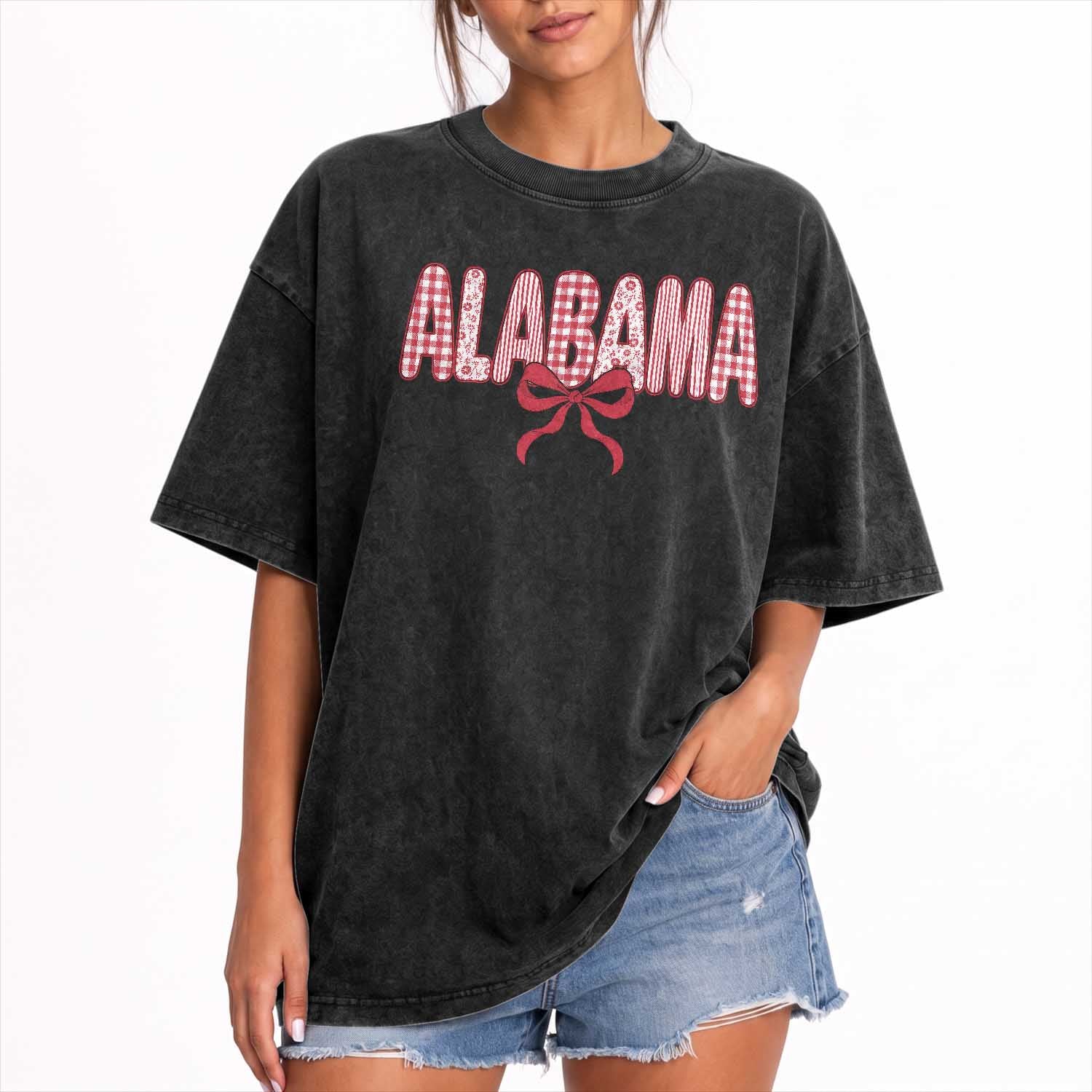 Alabama Coquette Bow Gingham Game Day Spirit Graphic Washed Cotton T-Shirt