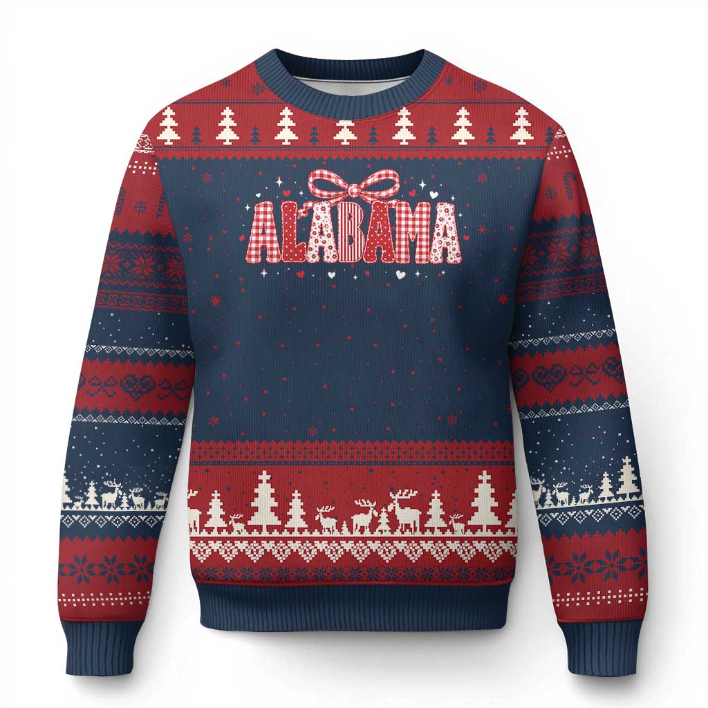 Alabama Red Coquette Bow Gingham State Pride Graphic Ugly Christmas Sweater
