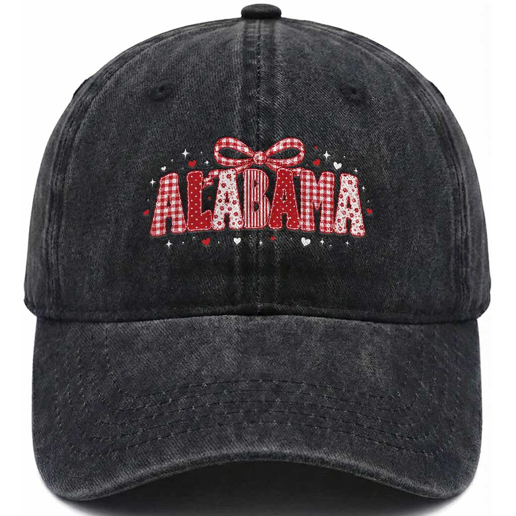 Alabama Red Coquette Bow Gingham State Pride Graphic Washed Cotton Baseball Cap