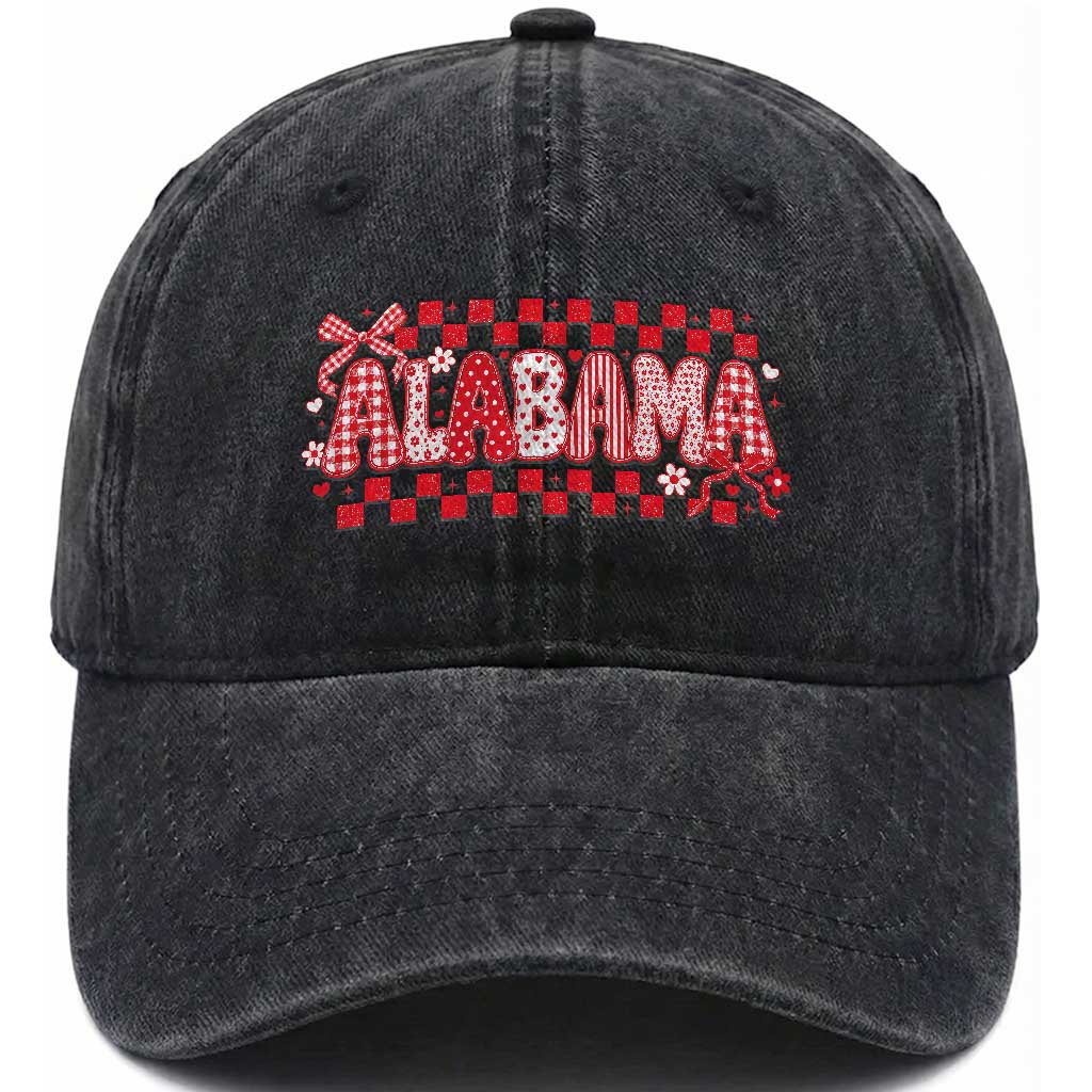 Alabama Coquette Bow Checkered Gingham Southern Girl State Pride Graphic Washed Cotton Baseball Cap