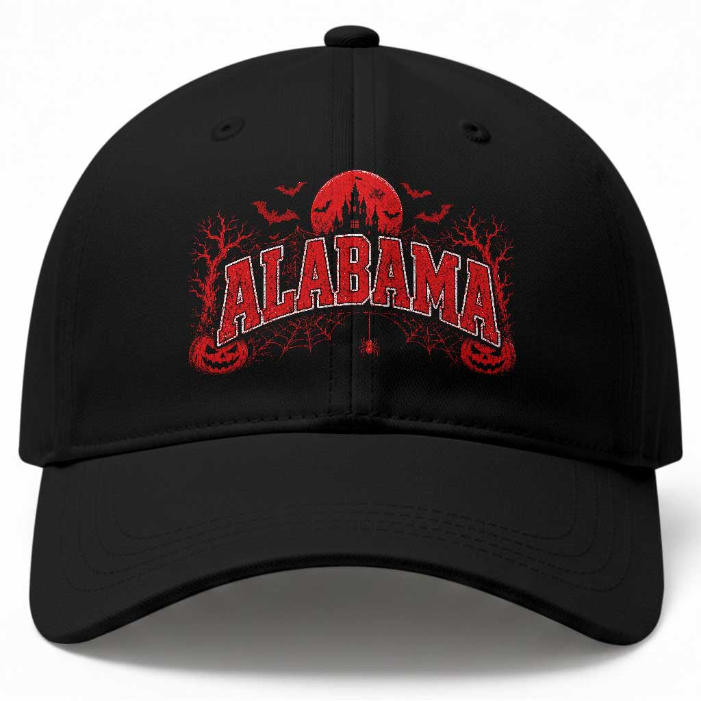 Alabama Spooky Castle Red Moon Halloween Graphic Baseball Cap