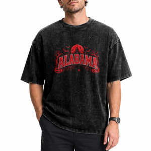 Alabama Spooky Castle Red Moon Halloween Graphic Washed Cotton T-Shirt