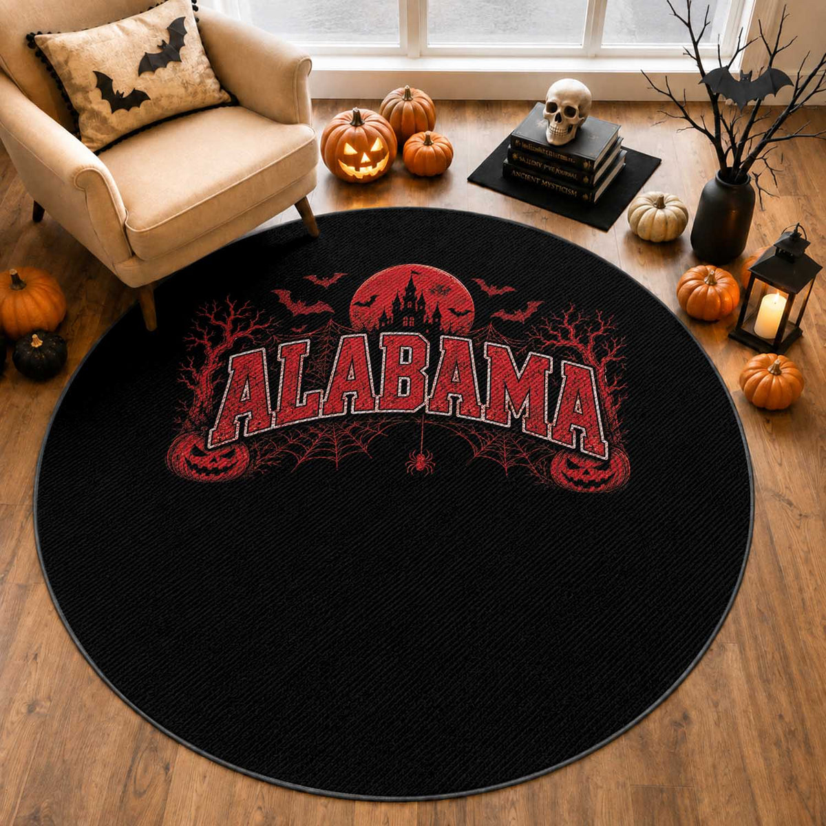Alabama Spooky Castle Red Moon Halloween Graphic Round Rug