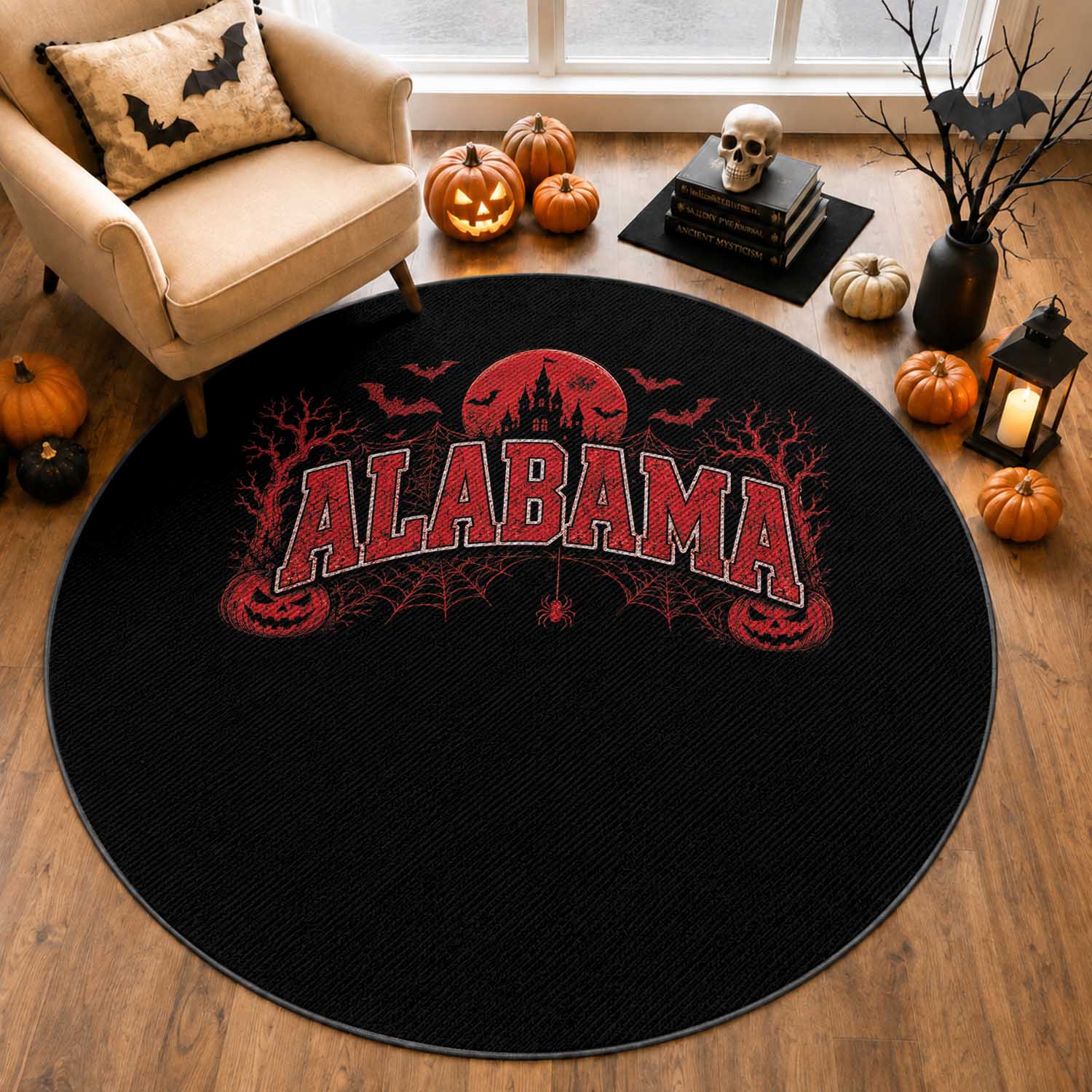 Alabama Spooky Castle Red Moon Halloween Graphic Round Rug