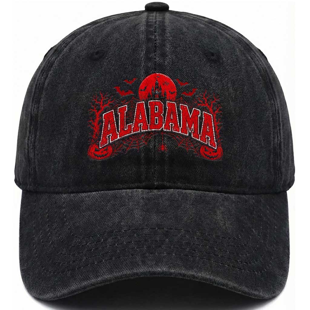 Alabama Spooky Castle Red Moon Halloween Graphic Washed Cotton Baseball Cap
