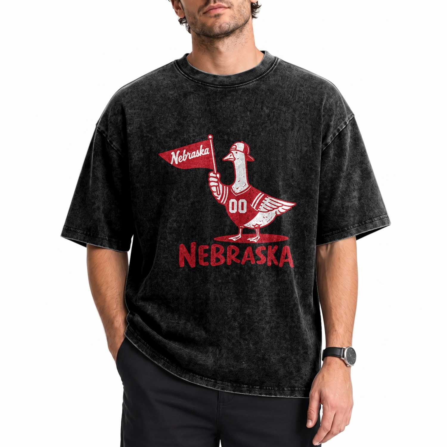 Nebraska Goose Washed Cotton T-Shirt Funny Sports Fan Flag Retro Vintage Distressed Red State Pride Graphic