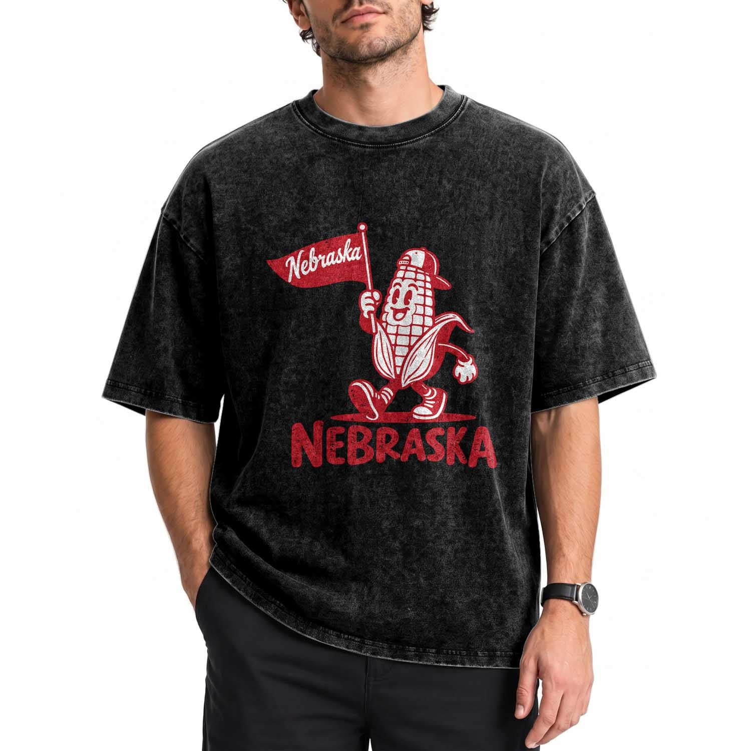 Nebraska Corn Washed Cotton T-Shirt Retro Vintage Distressed Red State Pride Aesthetic Sports Fan