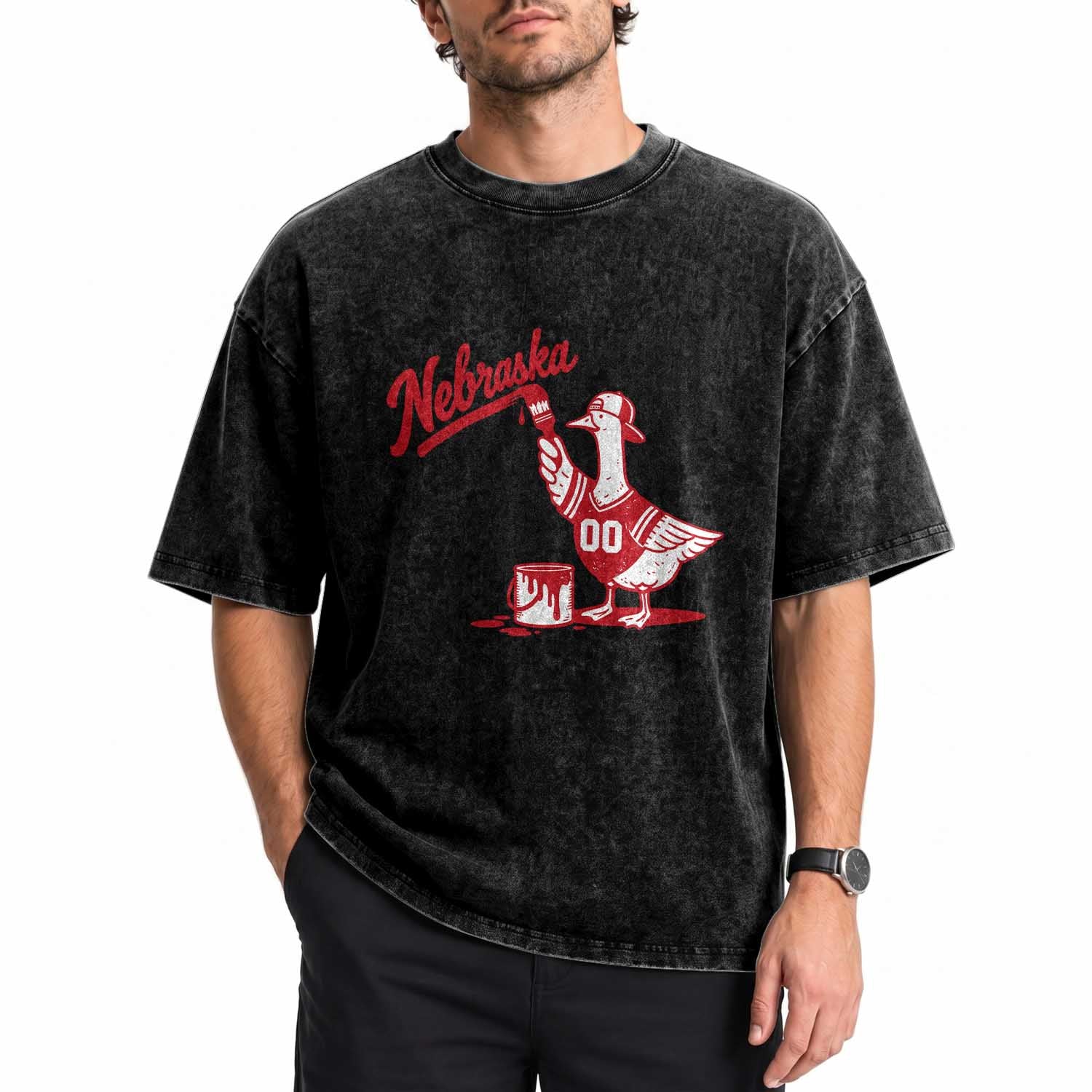 Nebraska Goose Washed Cotton T-Shirt Funny Sports Fan Painting Retro Vintage Red State Pride Graphic