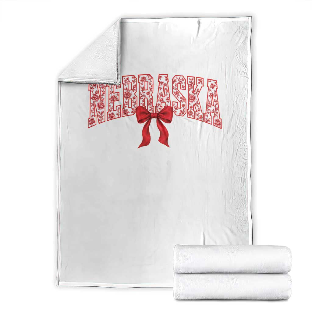 Nebraska Floral Varsity Throw Blanket Red Bow Coquette Aesthetic State Pride Graphic