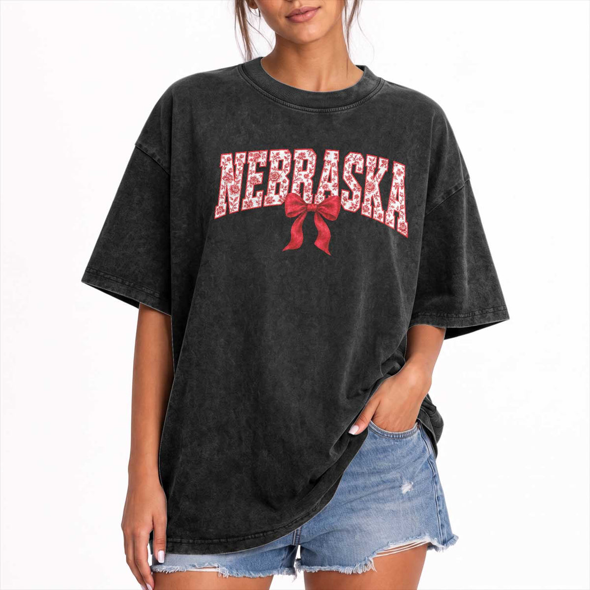 Nebraska Floral Varsity Washed Cotton T-Shirt Red Bow Coquette Aesthetic State Pride Graphic