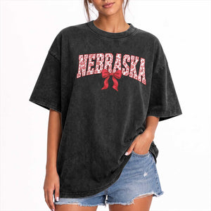 Nebraska Floral Varsity Washed Cotton T-Shirt Red Bow Coquette Aesthetic State Pride Graphic