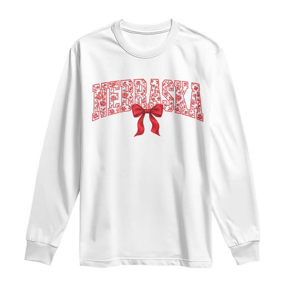 Nebraska Floral Varsity Long Sleeve Shirt Red Bow Coquette Aesthetic State Pride Graphic
