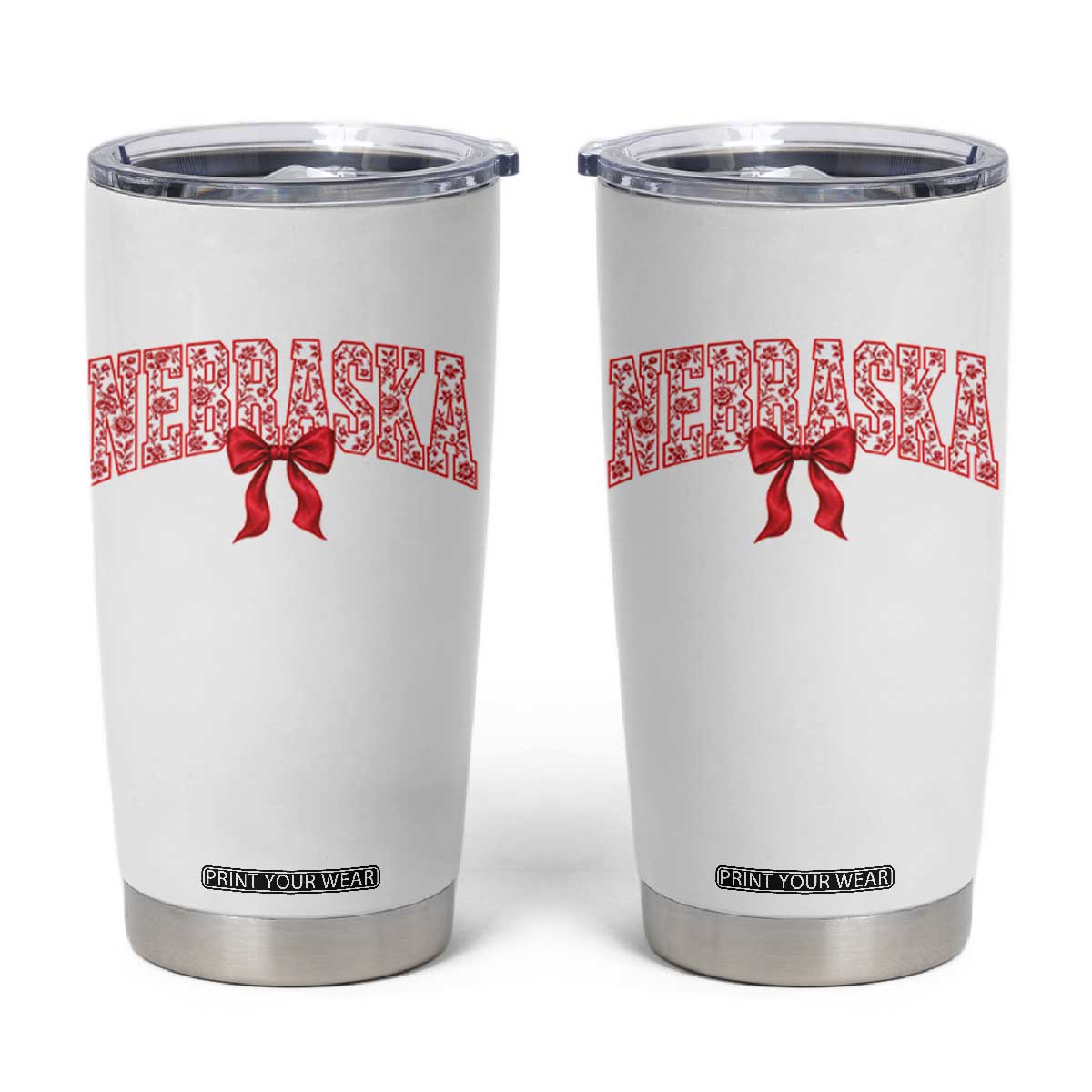 Nebraska Floral Varsity Tumbler Cup Red Bow Coquette Aesthetic State Pride Graphic