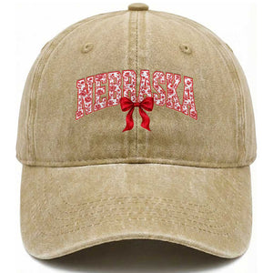 Nebraska Floral Varsity Washed Cotton Baseball Cap Red Bow Coquette Aesthetic State Pride Graphic