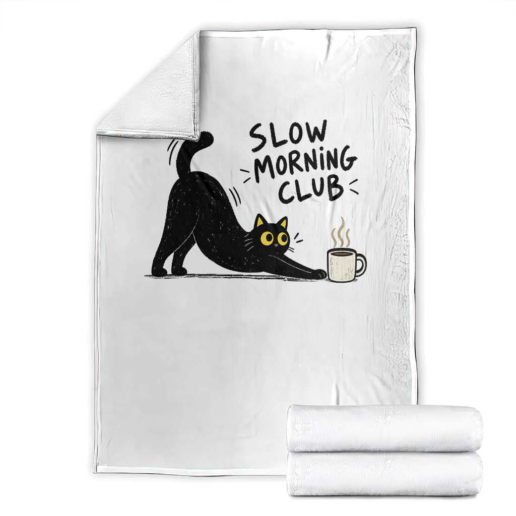 Slow Morning Club Funny Cat Meme Throw Blanket Funny Coffee Lover Stretching Kitty Cute Hand Drawn Black Cat Aesthetic