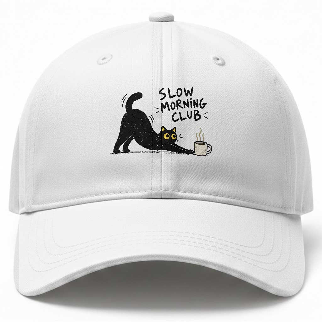 Slow Morning Club Funny Cat Meme Baseball Cap Funny Coffee Lover Stretching Kitty Cute Hand Drawn Black Cat Aesthetic
