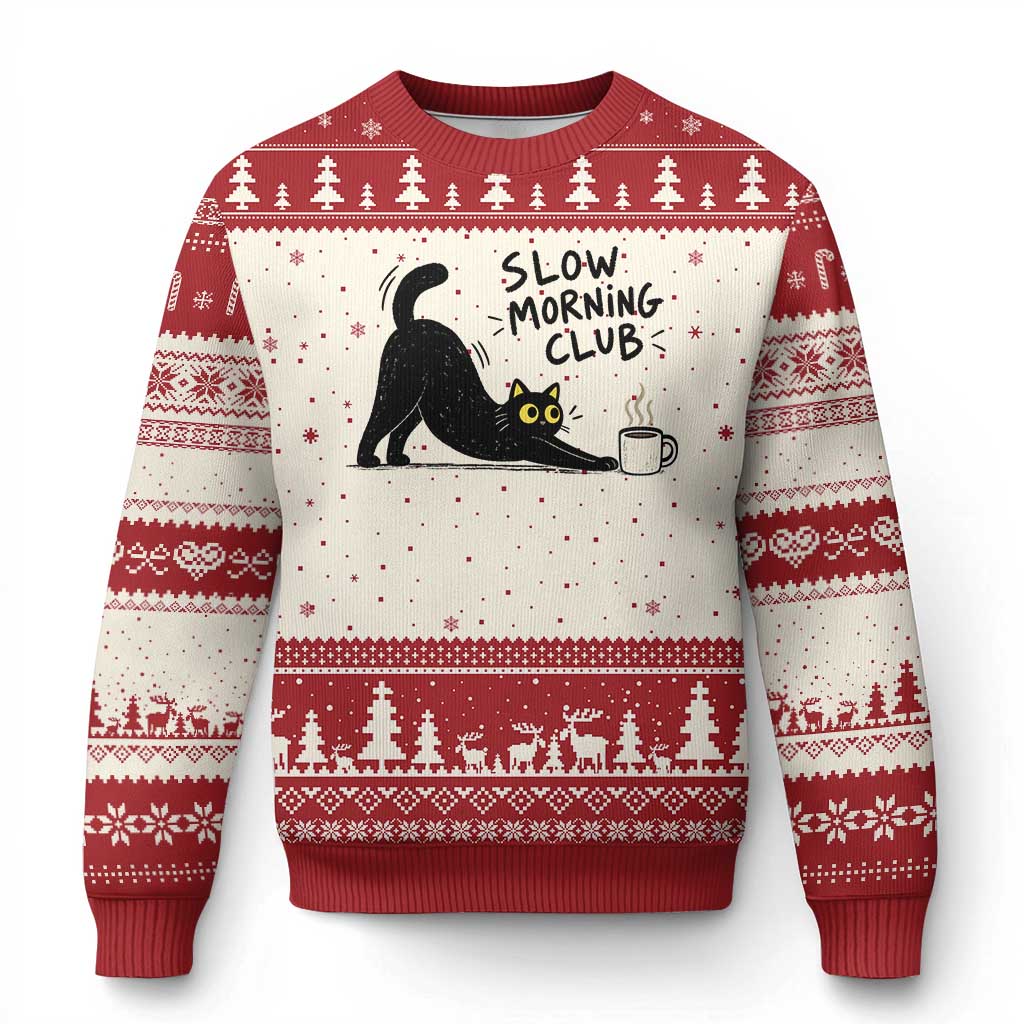 Slow Morning Club Funny Cat Meme Ugly Christmas Sweater Funny Coffee Lover Stretching Kitty Cute Hand Drawn Black Cat Aesthetic
