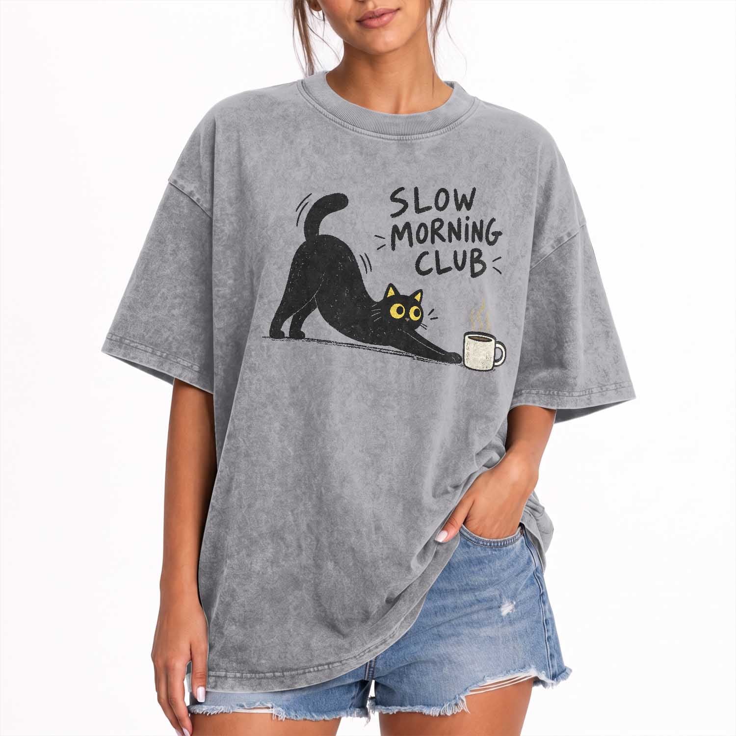 Slow Morning Club Funny Cat Meme Washed Cotton T-Shirt Funny Coffee Lover Stretching Kitty Cute Hand Drawn Black Cat Aesthetic