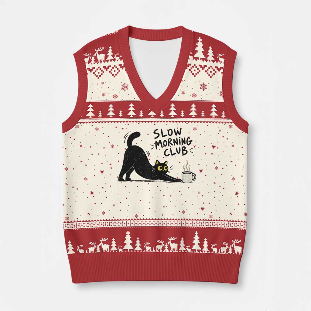Slow Morning Club Funny Cat Meme V-Neck Knit Sweater Vest Funny Coffee Lover Stretching Kitty Cute Hand Drawn Black Cat Aesthetic
