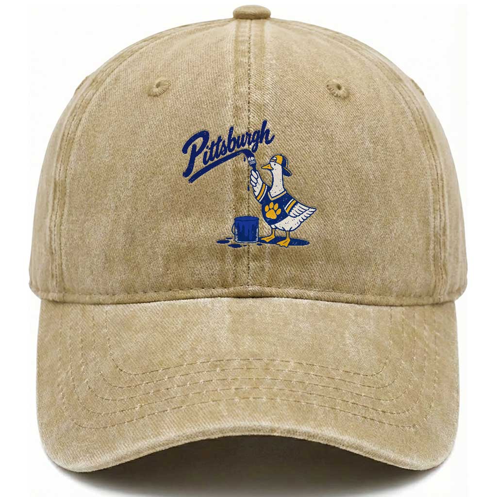 Pittsburgh Goose Washed Cotton Baseball Cap Funny Sports Fan Painting Retro Vintage Blue Yellow City Pride Graphic