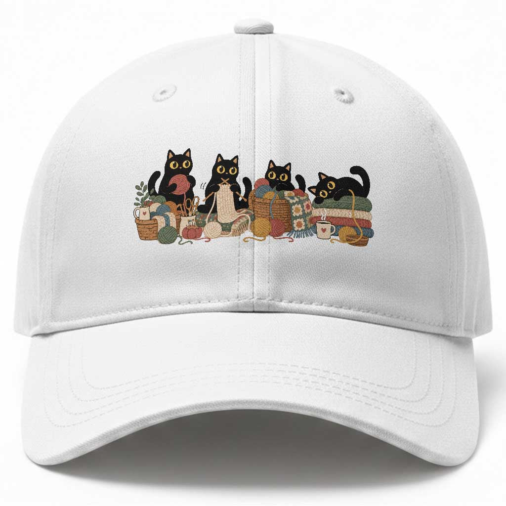 Black Cats Knitting Baseball Cap Vintage Cozy Crocheting Yarn Lover Gift For Cat Mom Knitter Grandma
