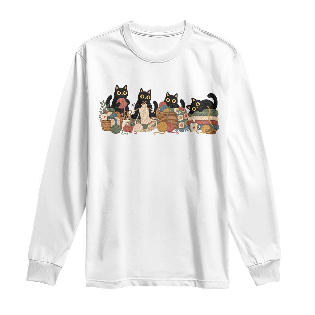 Black Cats Knitting Long Sleeve Shirt Vintage Cozy Crocheting Yarn Lover Gift For Cat Mom Knitter Grandma