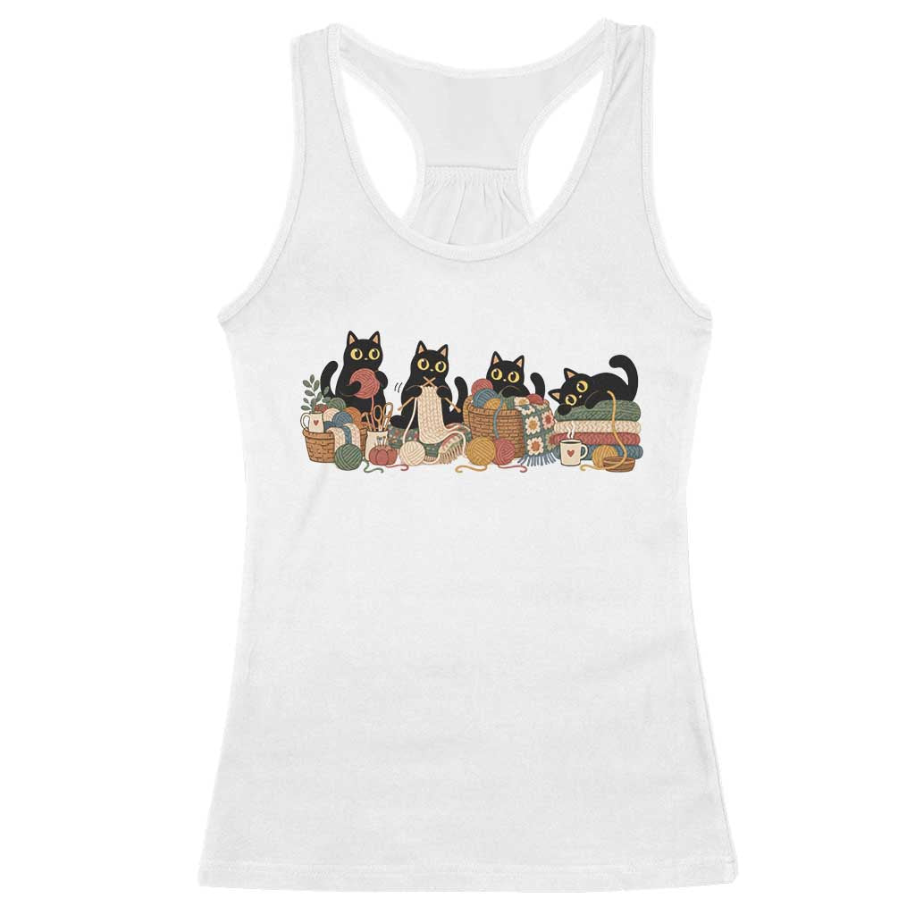 Black Cats Knitting Racerback Tank Top Vintage Cozy Crocheting Yarn Lover Gift For Cat Mom Knitter Grandma