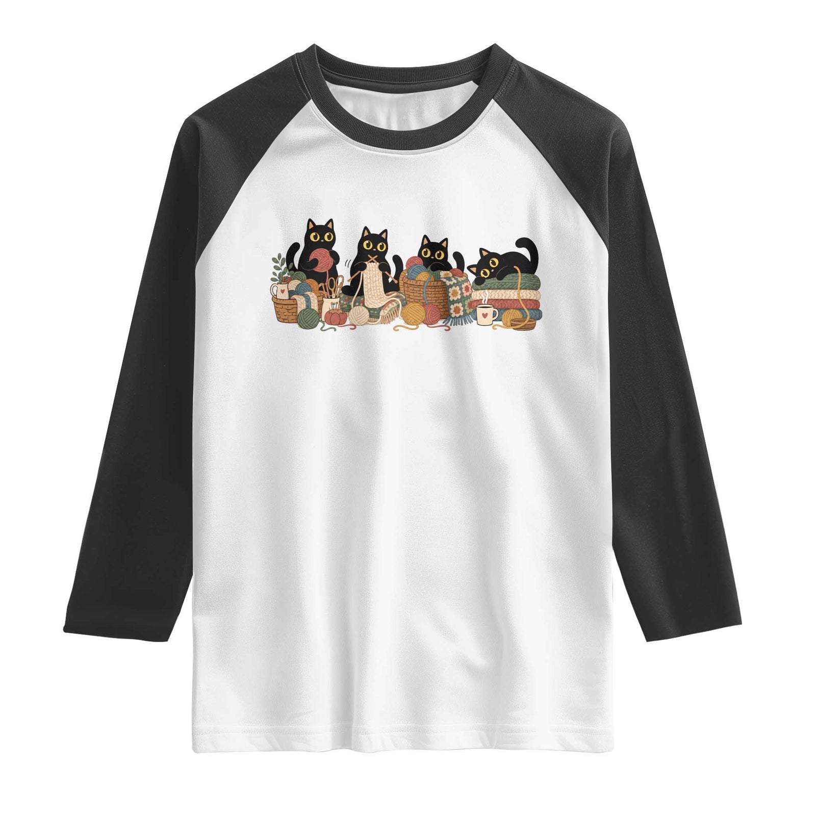 Black Cats Knitting Raglan Shirt Vintage Cozy Crocheting Yarn Lover Gift For Cat Mom Knitter Grandma