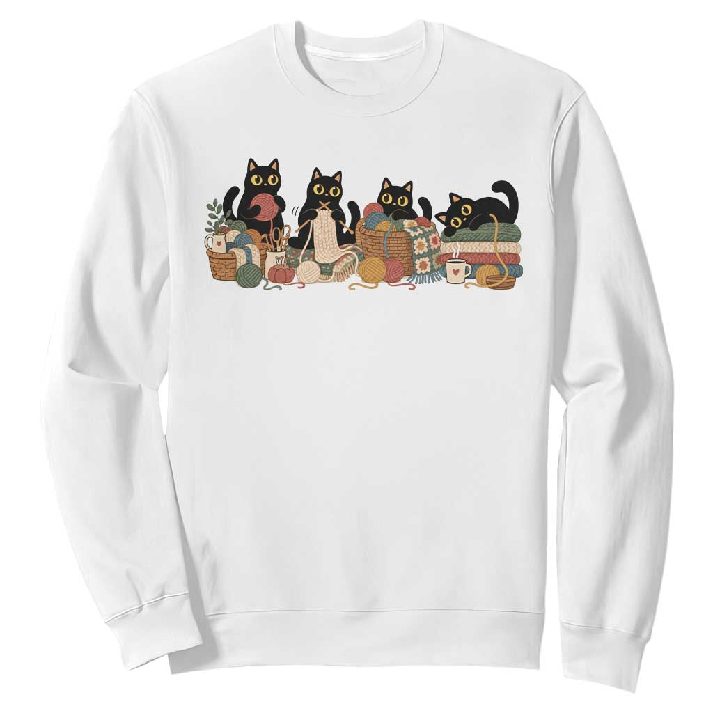 Black Cats Knitting Sweatshirt Vintage Cozy Crocheting Yarn Lover Gift For Cat Mom Knitter Grandma