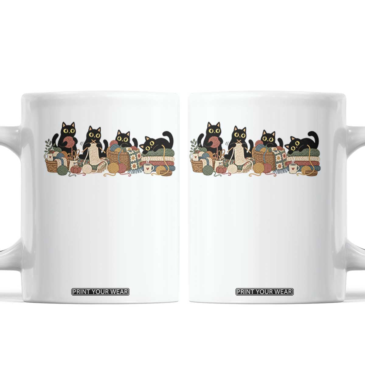 Black Cats Knitting Coffee Mug Vintage Cozy Crocheting Yarn Lover Gift For Cat Mom Knitter Grandma