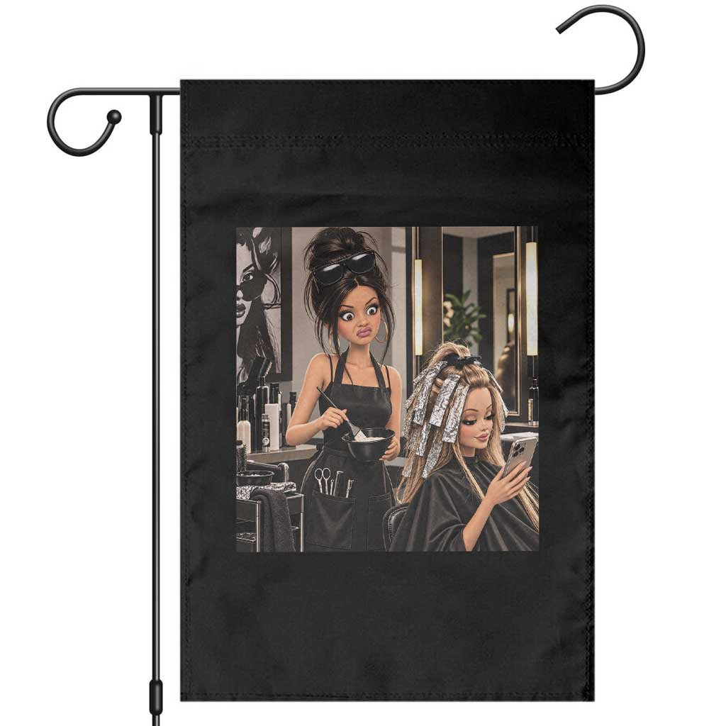 Doll Face Meme Hair Stylists Garden Flag Funny Side Eye Girl Salon Hairdresser Gift