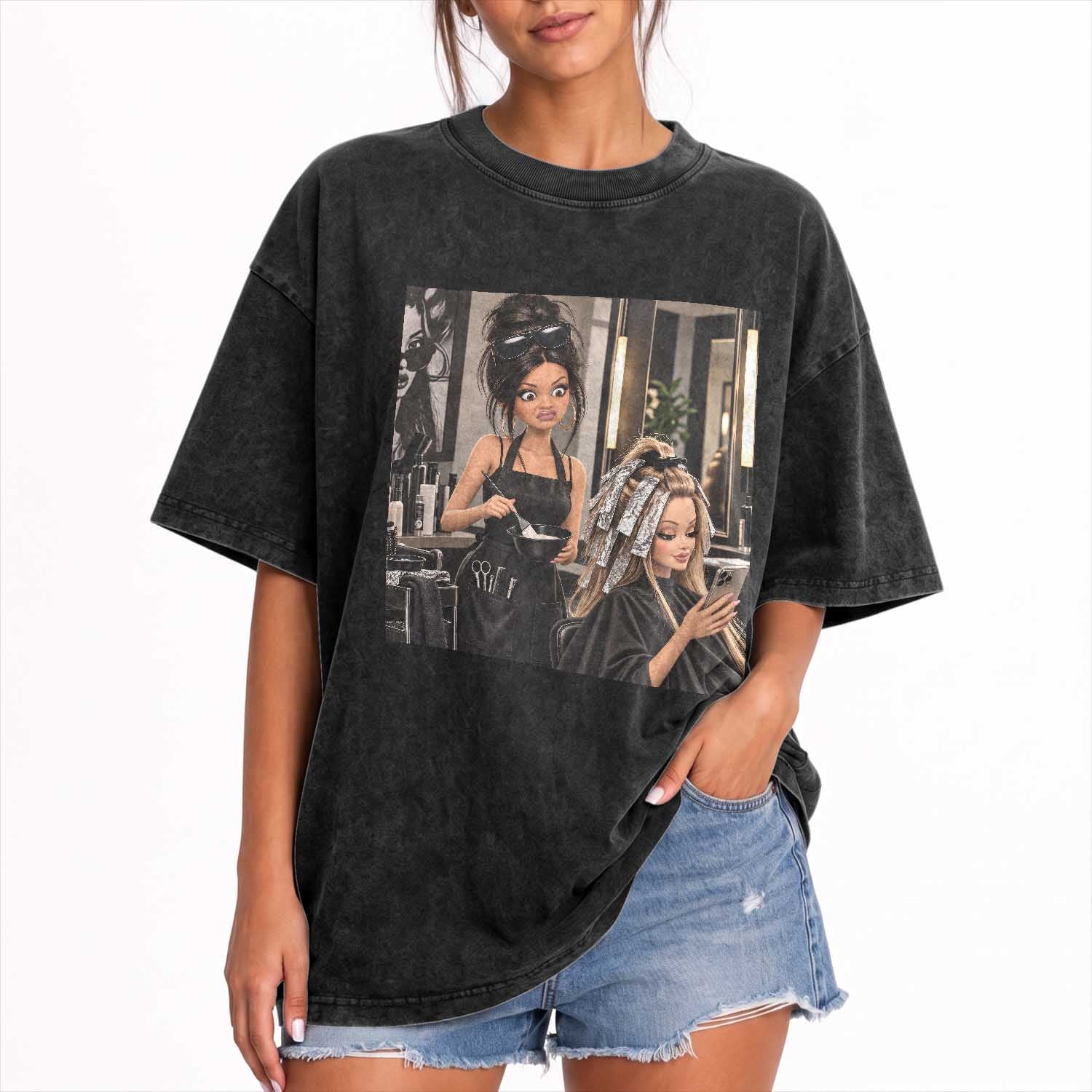 Doll Face Meme Hair Stylists Washed Cotton T-Shirt Funny Side Eye Girl Salon Hairdresser Gift