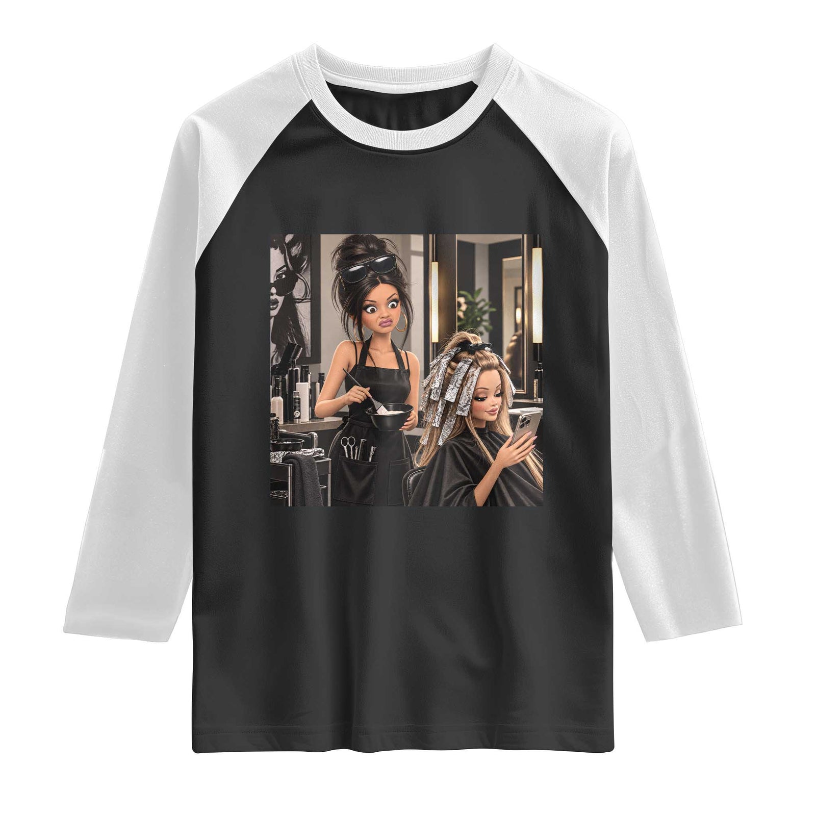 Doll Face Meme Hair Stylists Raglan Shirt Funny Side Eye Girl Salon Hairdresser Gift
