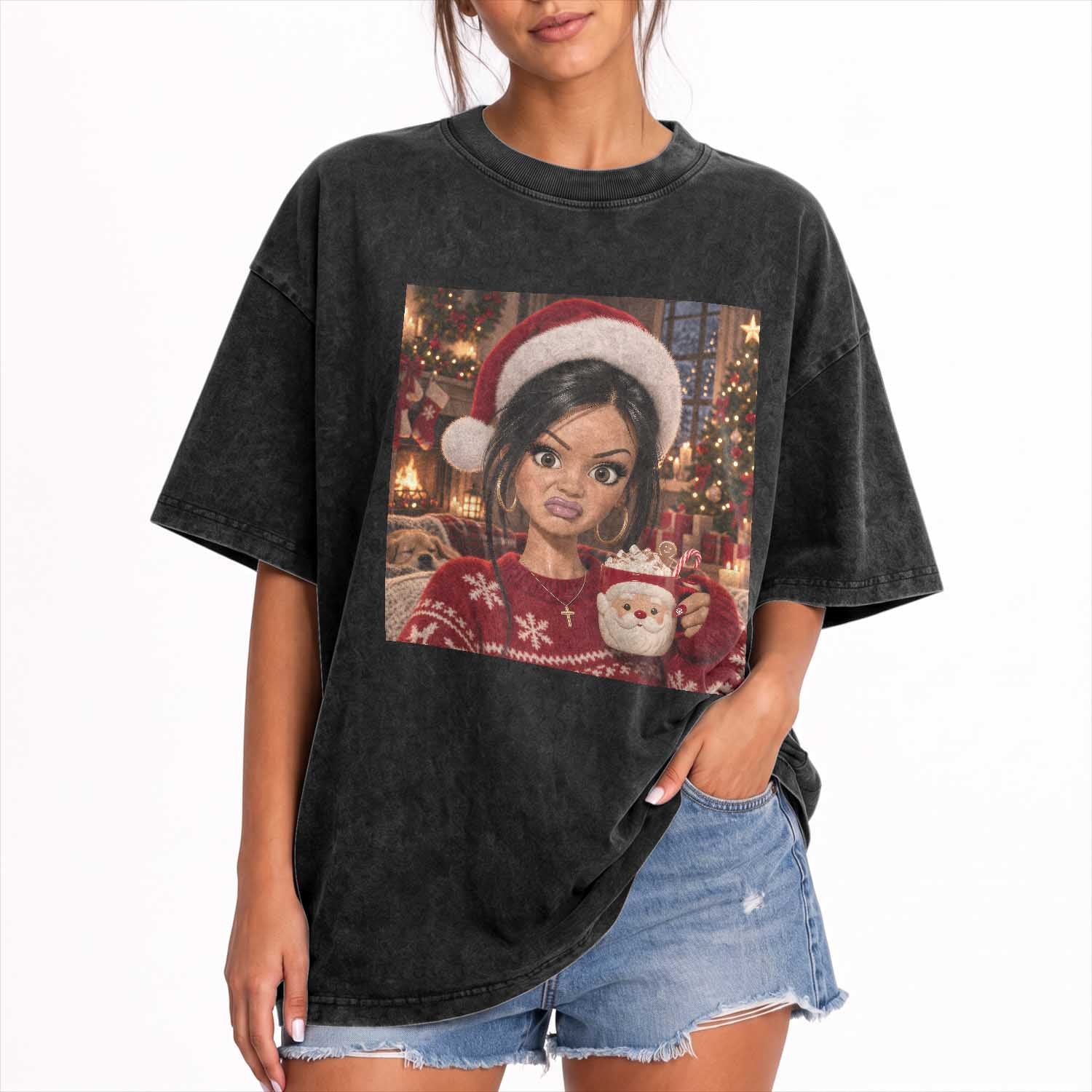 Funny Christmas Stank Face Doll Meme Washed Cotton T-Shirt Sarcastic Cocoa Girl Side Eye Aesthetic