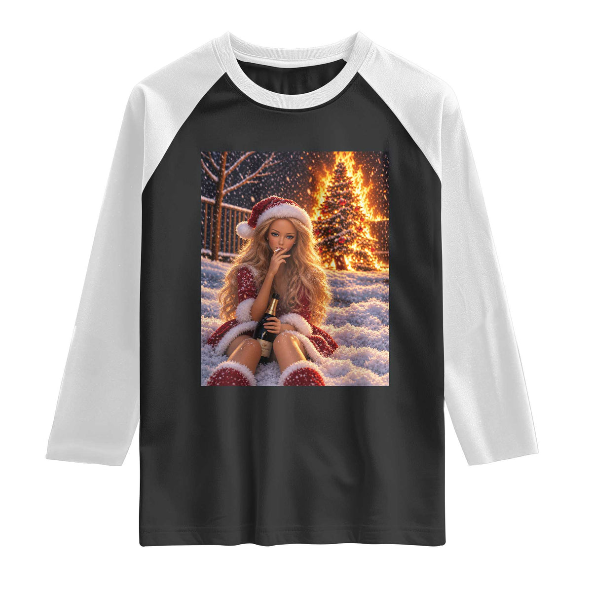 Funny Christmas Tree Burning Doll Meme Raglan Shirt Unhinged Holiday Season Retro Graphic