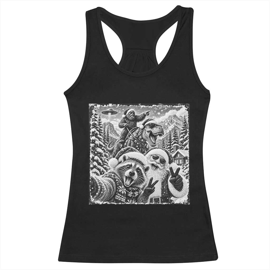 Christmas Raccoon Santa Bigfoot Dinosaur UFO Selfie Racerback Tank Top Funny Winter Holiday