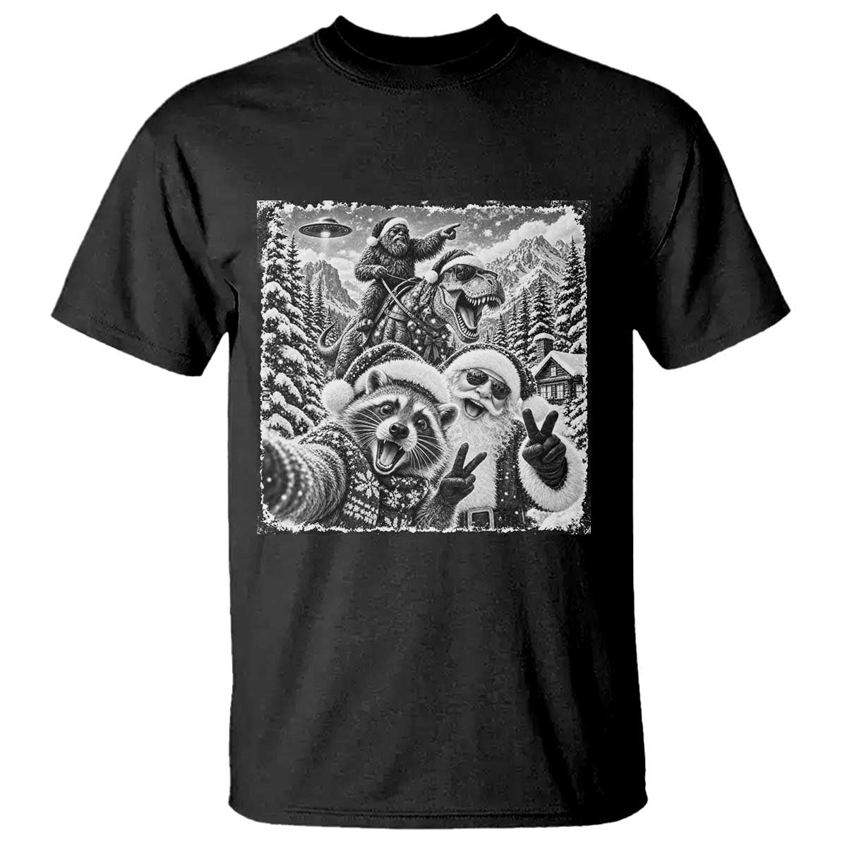 Christmas Raccoon Santa Bigfoot Dinosaur UFO Selfie T Shirt Funny Winter Holiday