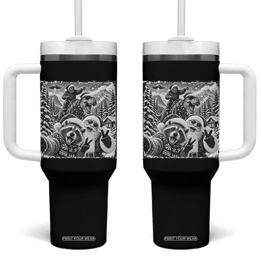 Christmas Raccoon Santa Bigfoot Dinosaur UFO Selfie Tumbler With Handle Funny Winter Holiday