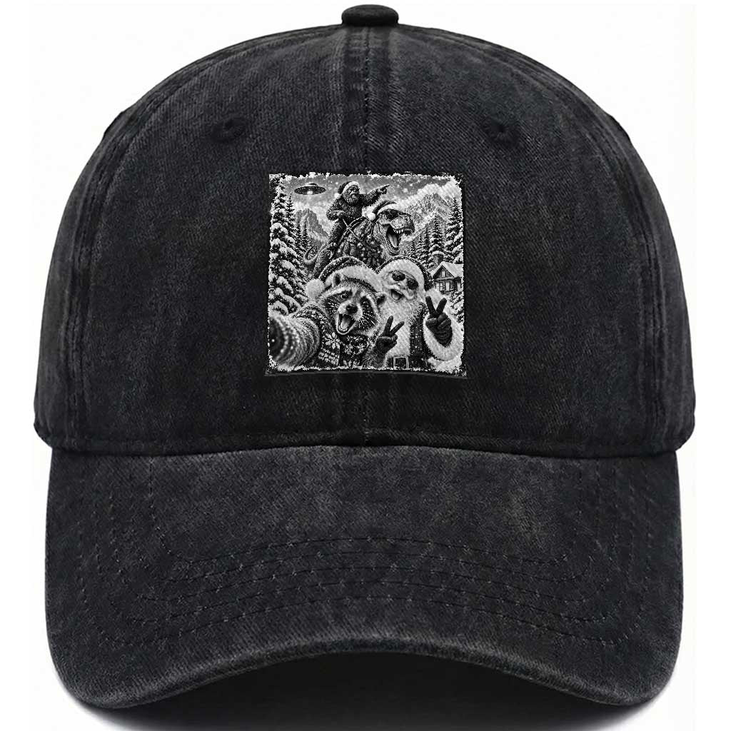 Christmas Raccoon Santa Bigfoot Dinosaur UFO Selfie Washed Cotton Baseball Cap Funny Winter Holiday