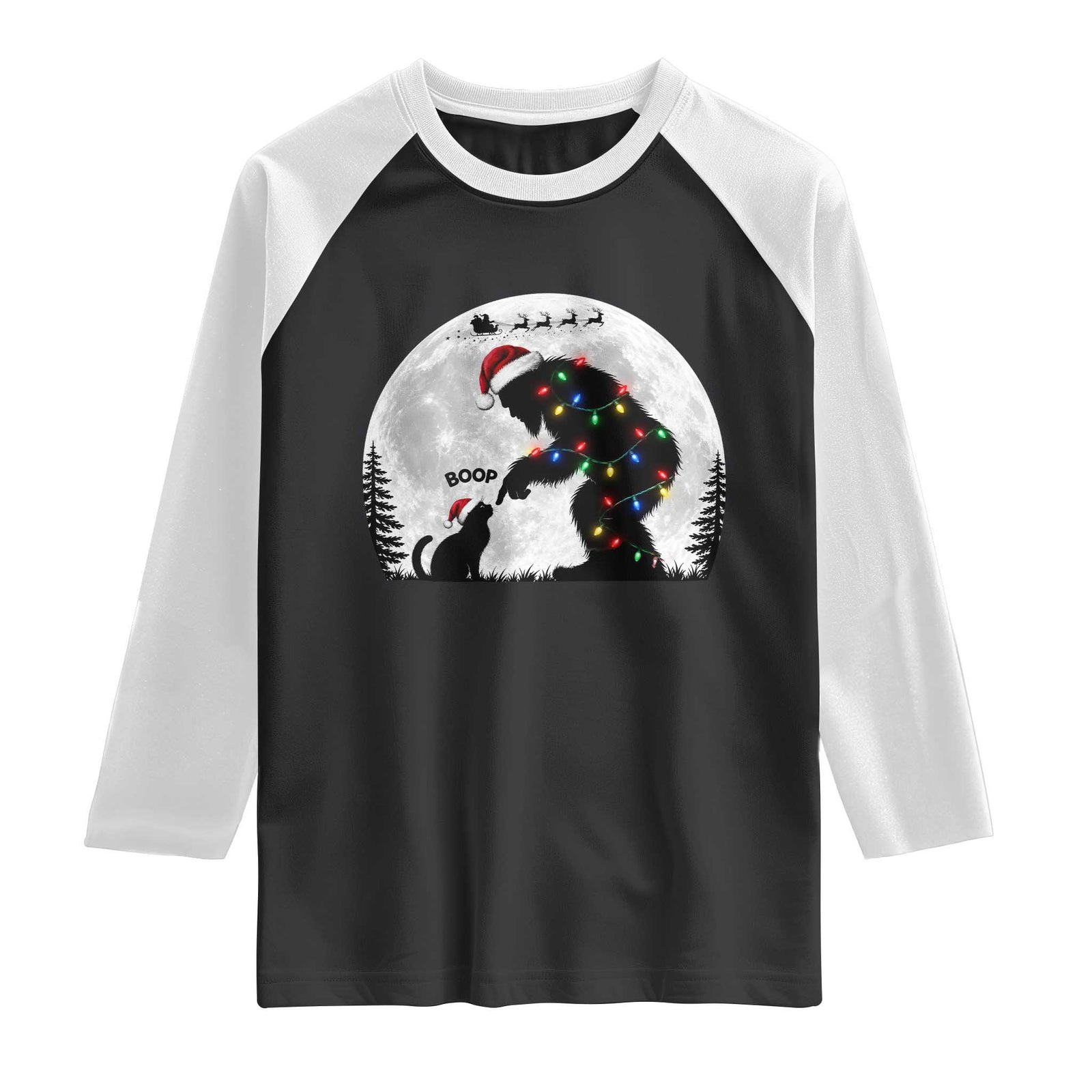 Christmas Bigfoot Boop Cat Nose Raglan Shirt Funny Cryptid Full Moon Sasquatch