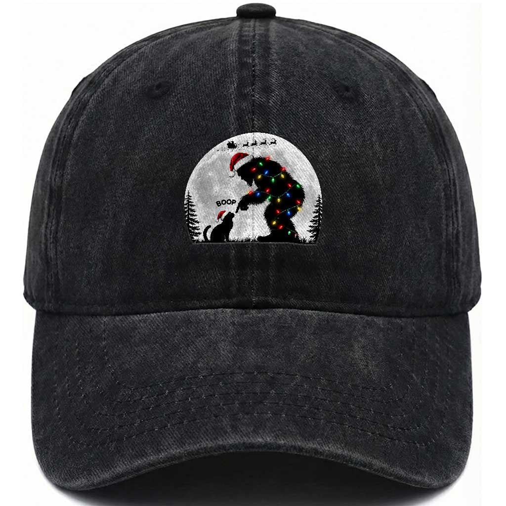 Christmas Bigfoot Boop Cat Nose Washed Cotton Baseball Cap Funny Cryptid Full Moon Sasquatch