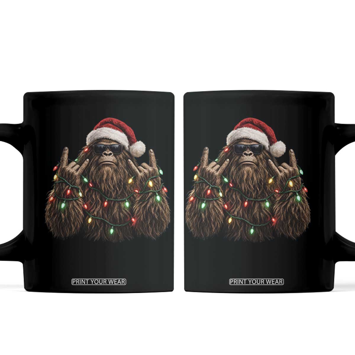Christmas Bigfoot Rock On Coffee Mug Cool Sasquatch Sunglasses Heavy Metal Vibes