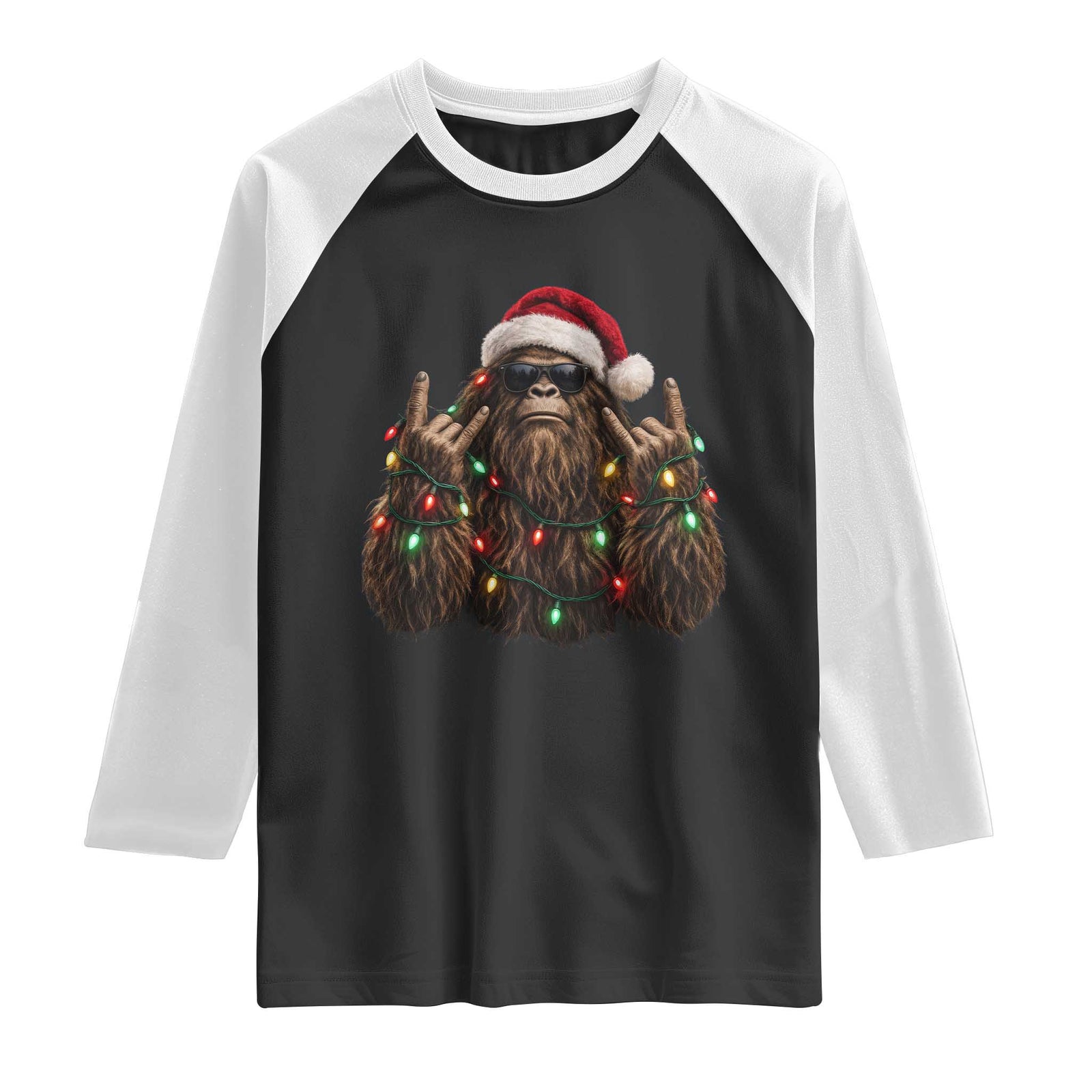 Christmas Bigfoot Rock On Raglan Shirt Cool Sasquatch Sunglasses Heavy Metal Vibes